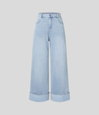 FlexTM High Waisted Multiple Pockets Rolled Hem Wide Leg Washed Stretchy Knit Casual Jeans