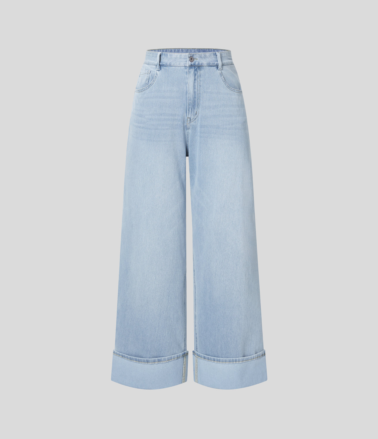 FlexTM High Waisted Multiple Pockets Rolled Hem Wide Leg Washed Stretchy Knit Casual Jeans