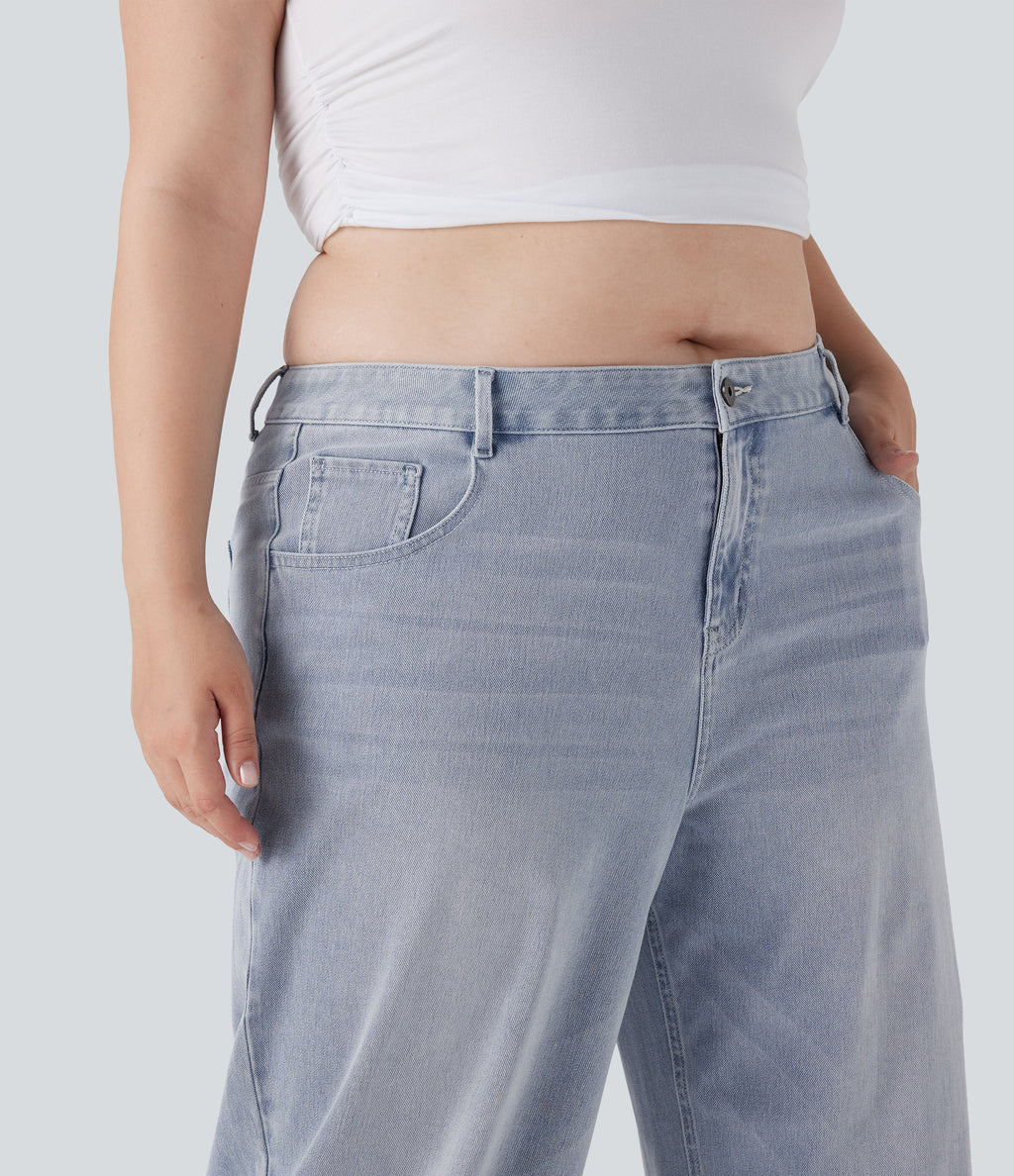 Plus Size FlexTM Low Rise Wide Leg Washed Casual Jeans with Pockets