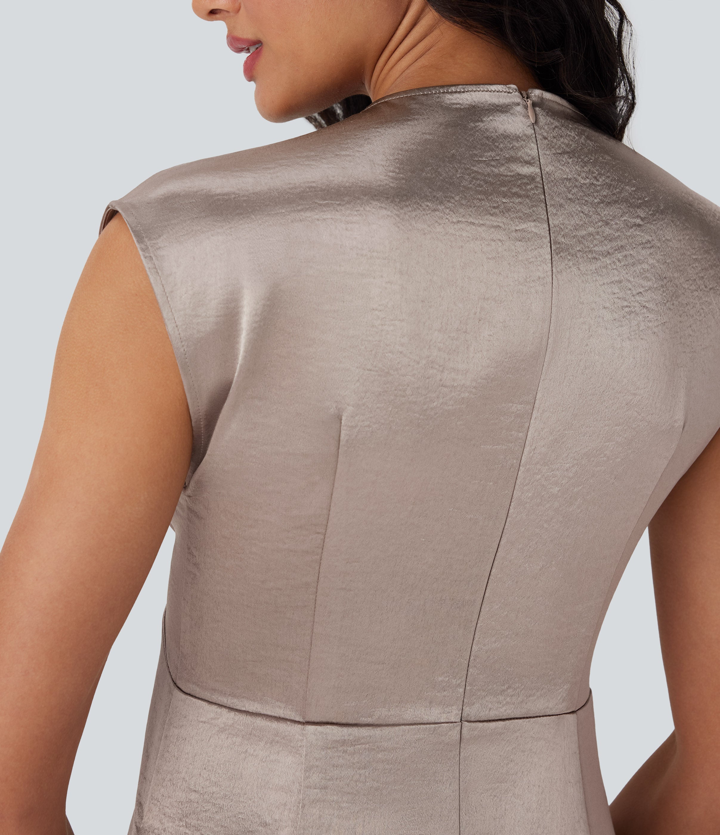 Round Neck Ruched Midi Satin Work Dress with Pockets