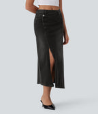FlexTM Asymmetric Mid Rise Denim Maxi Casual Skirt with Pockets