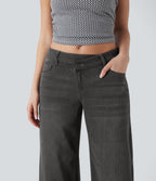 FlexTM Asymmetric Low Rise Zipper Pockets Baggy Wide Leg Washed Casual Jeans