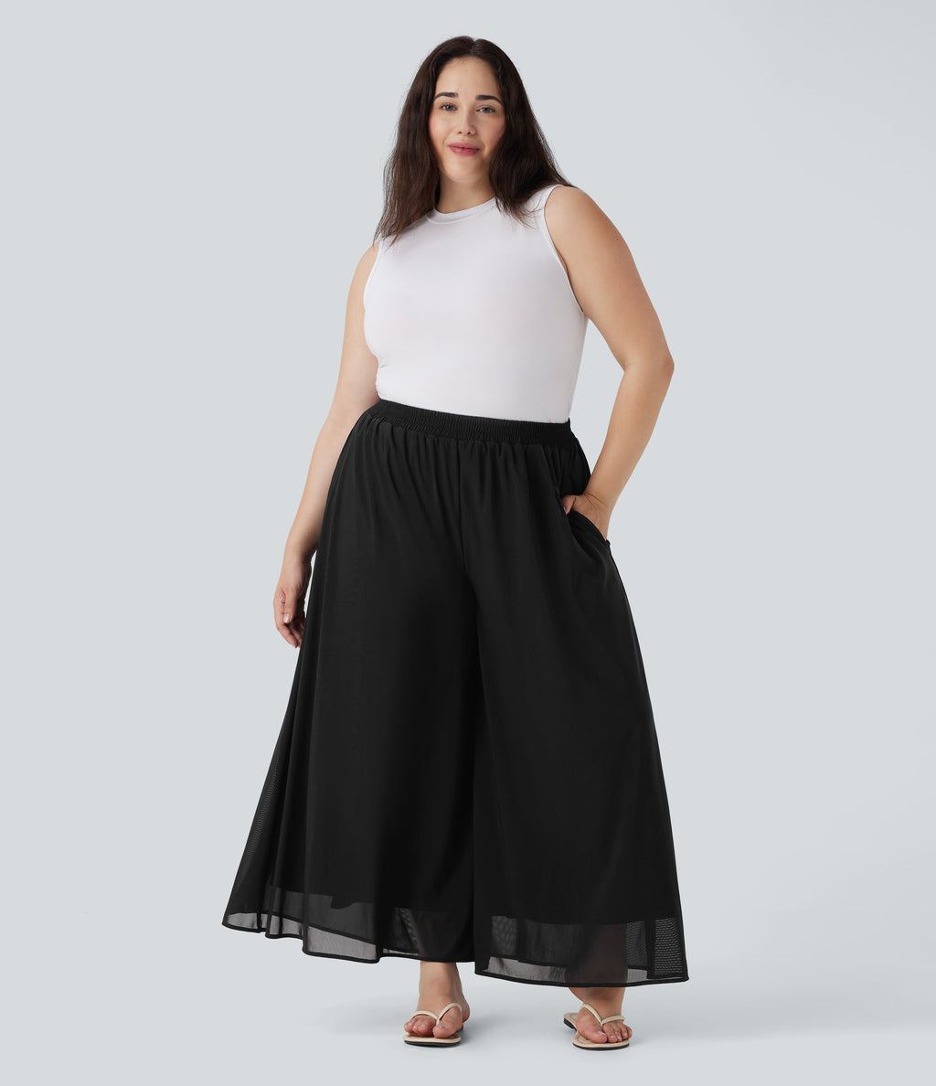 Plus Size High Waisted Mesh Overlay Wide Leg Casual Pants with Pockets