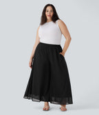 Plus Size High Waisted Mesh Overlay Wide Leg Casual Pants with Pockets