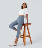 FlexTM Crossover High Waisted Denim Casual Capri Leggings with Pockets
