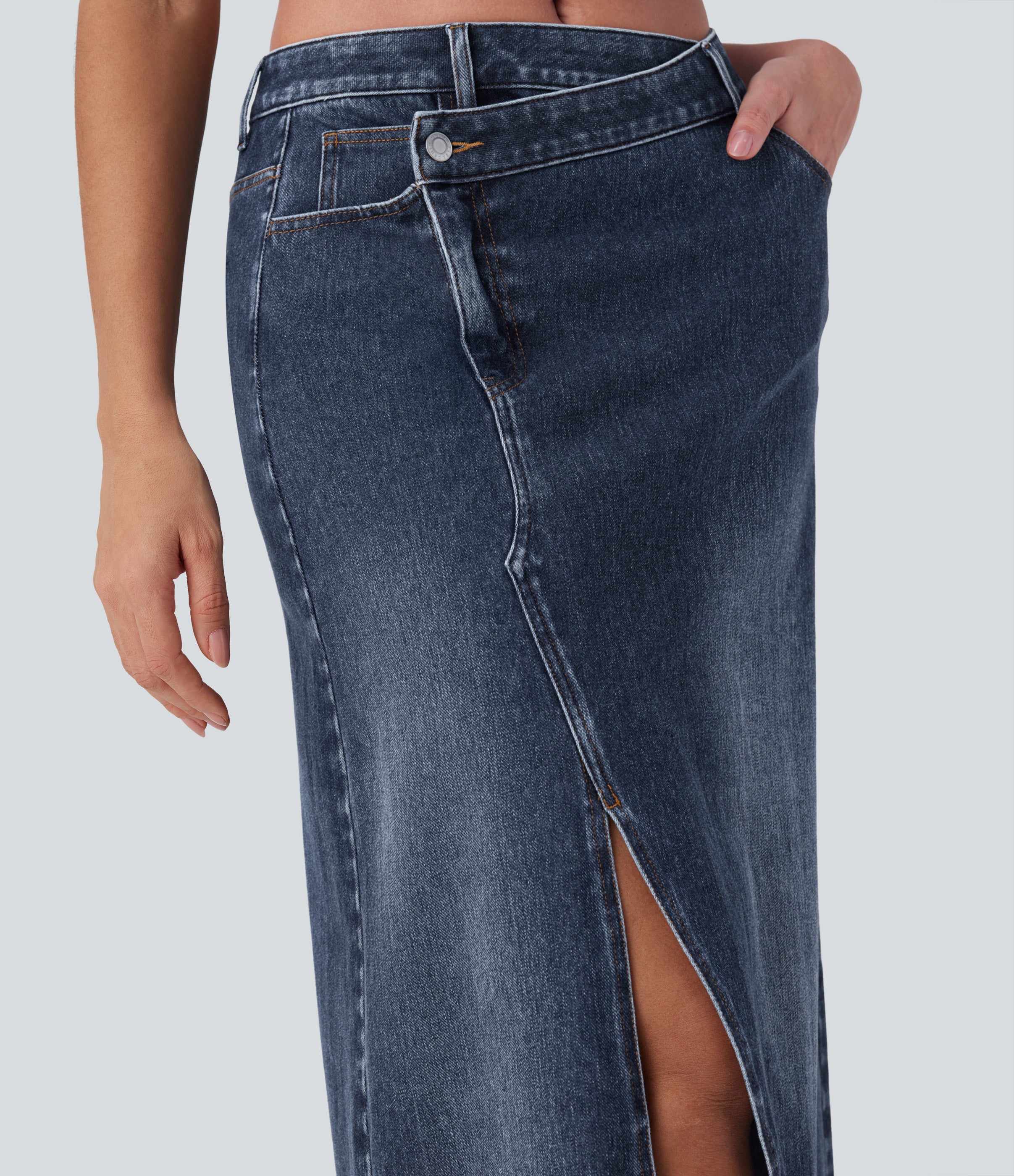FlexTM Asymmetric Mid Rise Denim Maxi Casual Skirt with Pockets