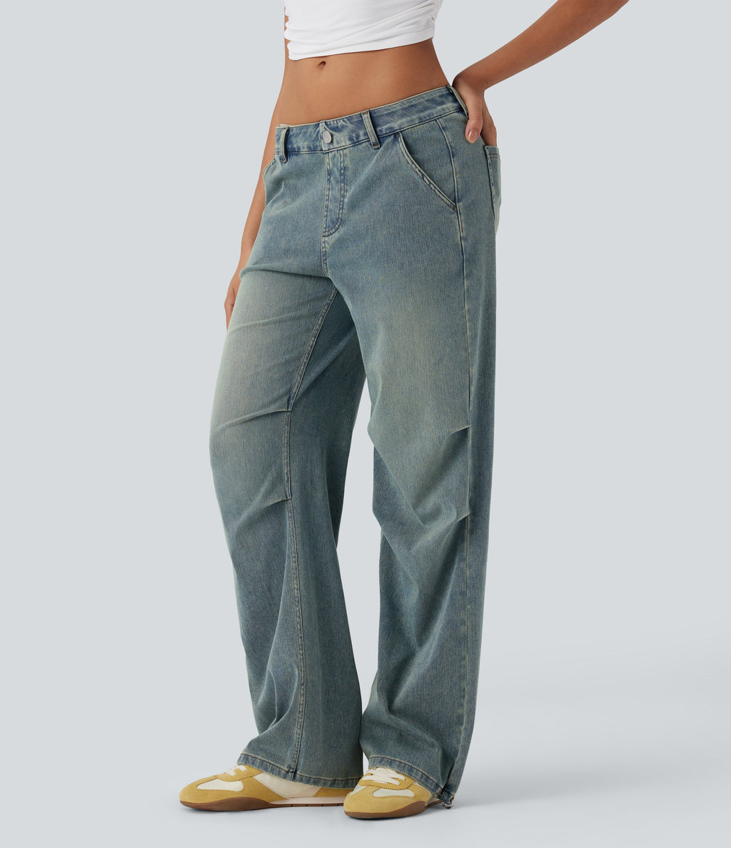 FlexTM Low Rise Adjustable Drawcord Stretchy Knit Casual Parachute Jeans with Multiple Pockets