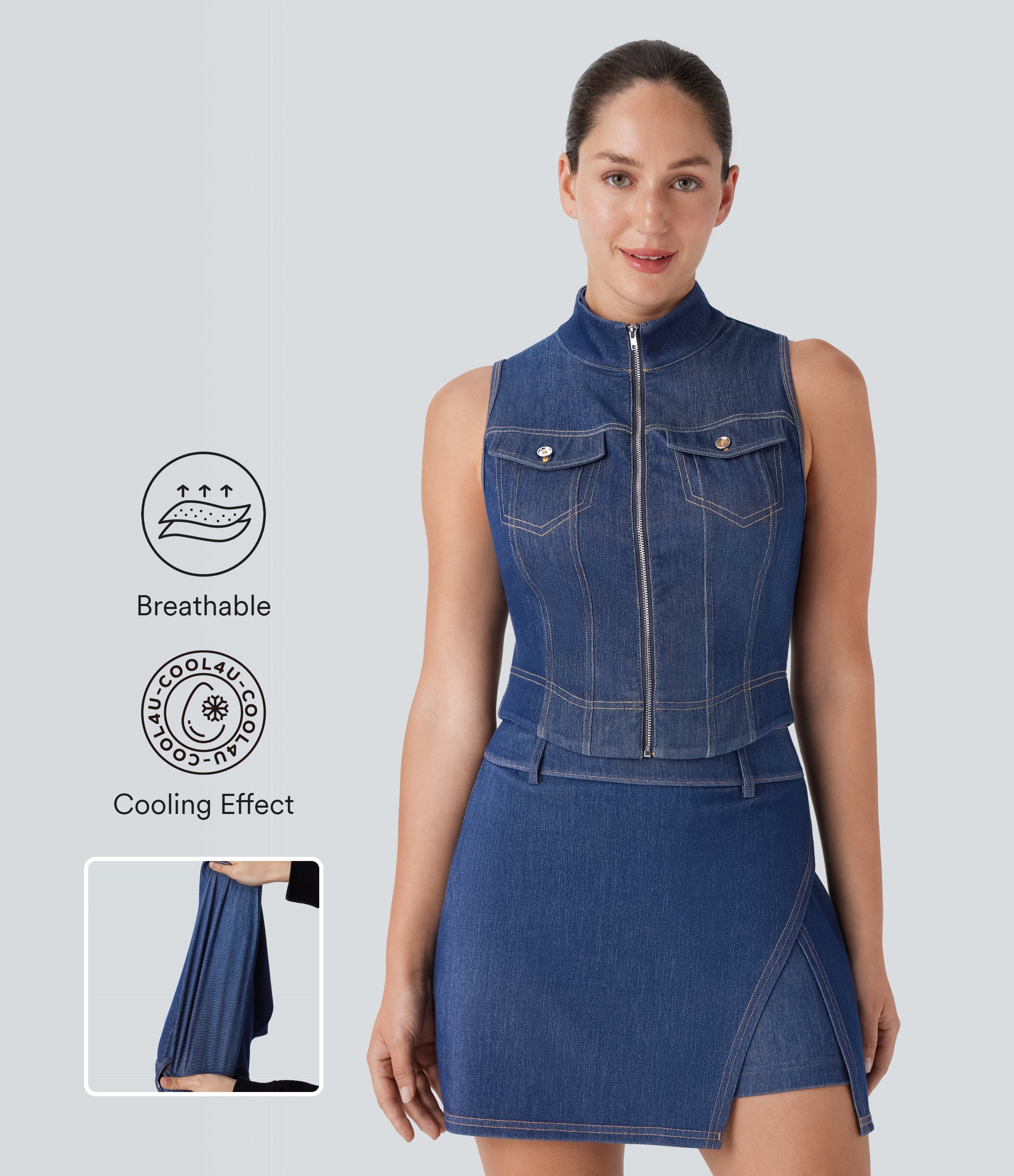 FlexTM Stand Collar Zipper Cool Touch Washed Denim Tennis Tank Top