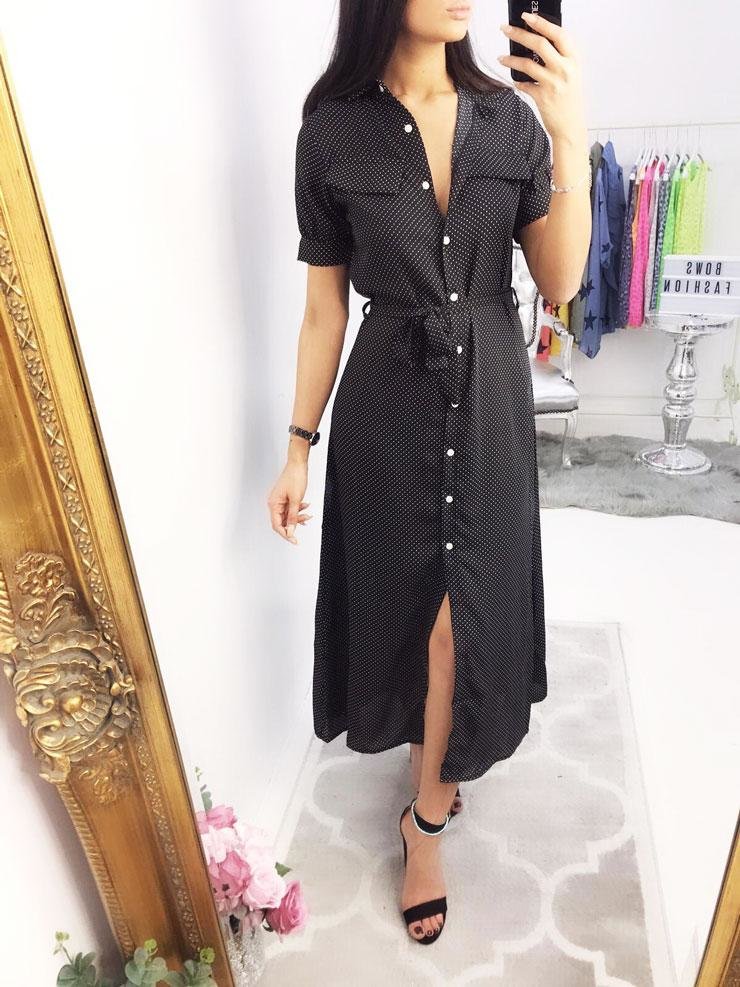 Denisa Black Polka Dot Tie Shirt Dress