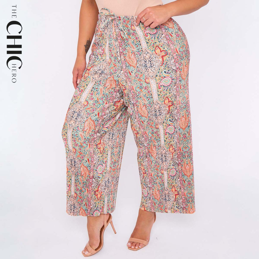 Multicolor Paisley Print Abstract Print Wide-Leg Drawstring Palazzo Pleated Pants