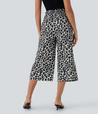 High Waisted Drawstring Leopard Print Wide Leg Capri Casual Pants with Pockets