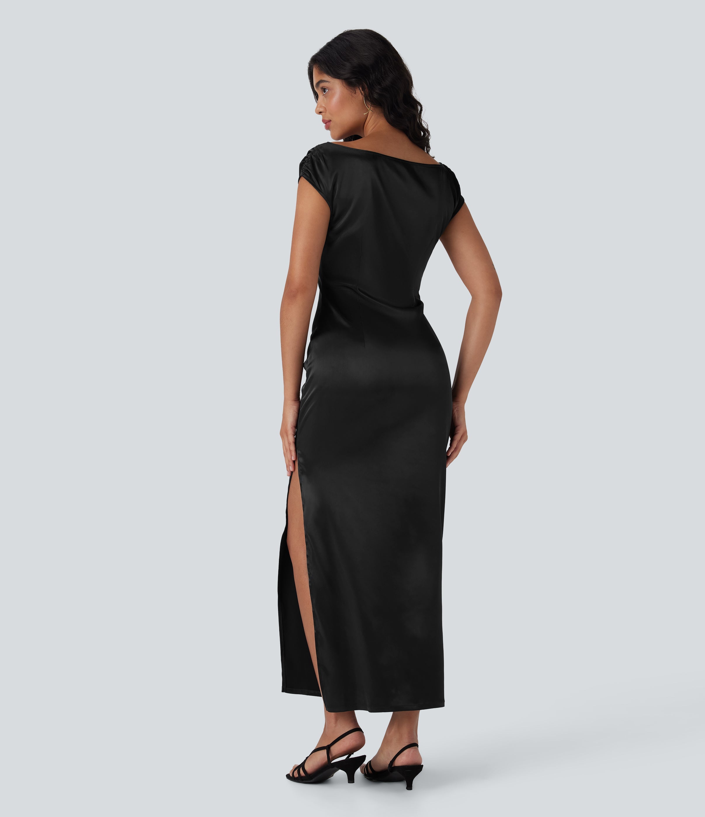 Boat Neck Cap Sleeve Ruched Satin Dress