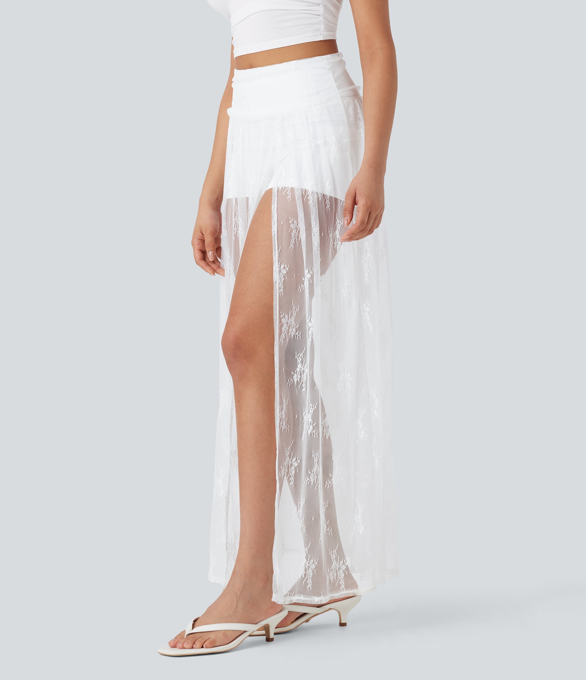 High Waisted 2-in-1 Lace Maxi Casual Skirt with Pocket