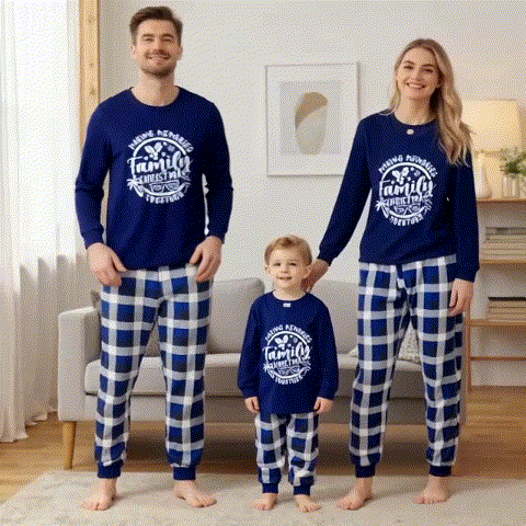 Christmas Make Memories Together 2025 Print Blue and White Plaid Family Matching Pajamas