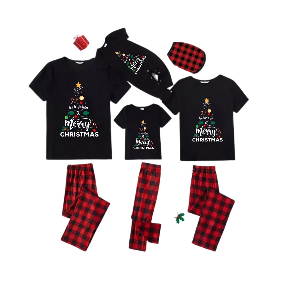 We Wish You A Merry Christmas Tree Family Pajamas Set - Black Top Red Pants Red Plaid Pattern Christmas Tree Letter Print
