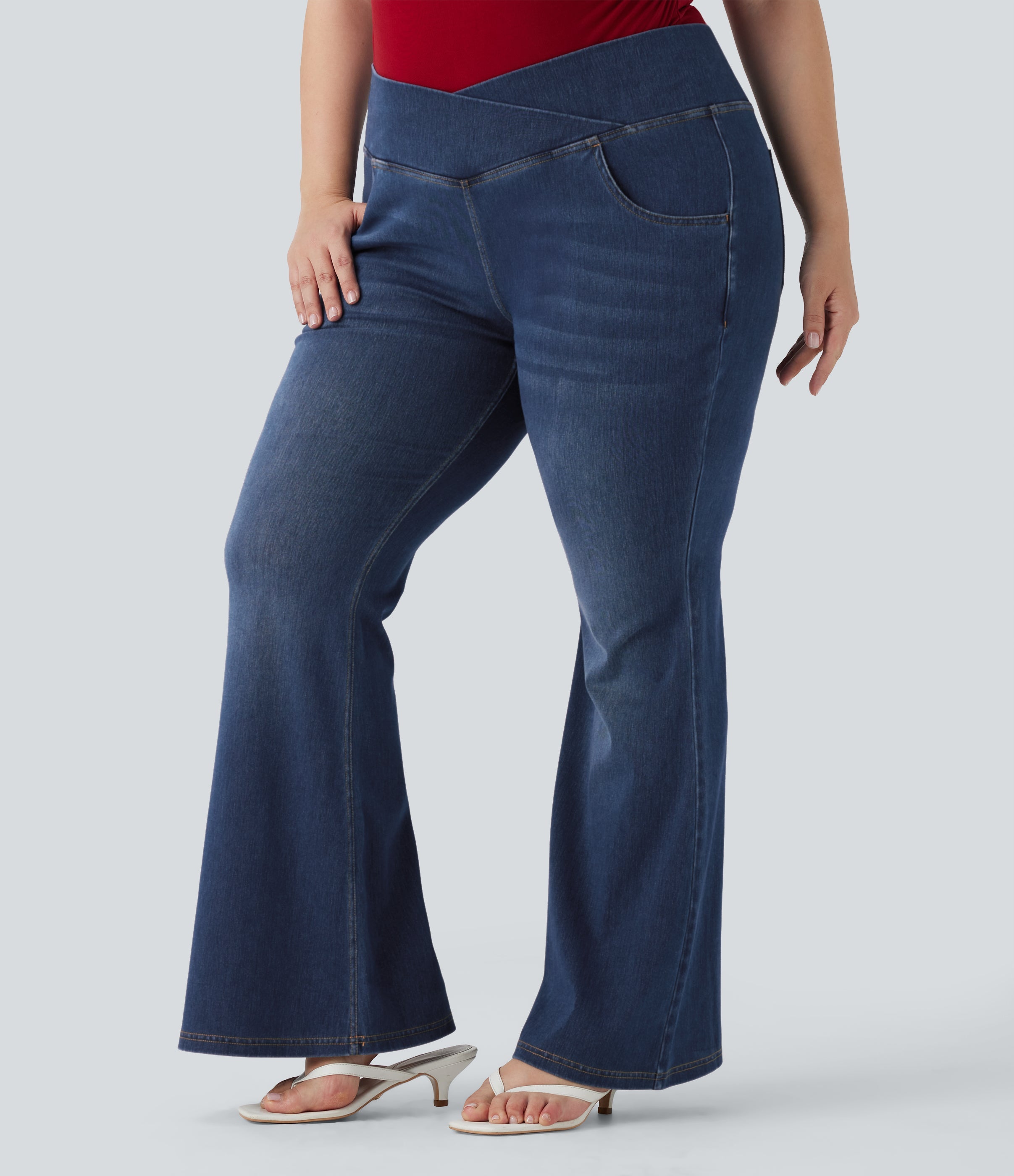 Plus Size FlexTM High Waisted Crossover Washed Casual Flare Jeans with Pockets