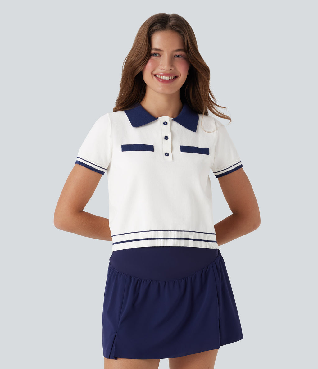 Polo Button Front Short Sleeve Casual Sweater Knit Top