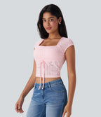 Square Neck Drawstring Eyelet Embroidery Skinny Cropped Casual Top