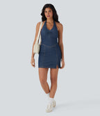 FlexTM Halter Bodycon 2-Piece Cool Touch Washed Denim Mini Tennis Active Dress with Pockets