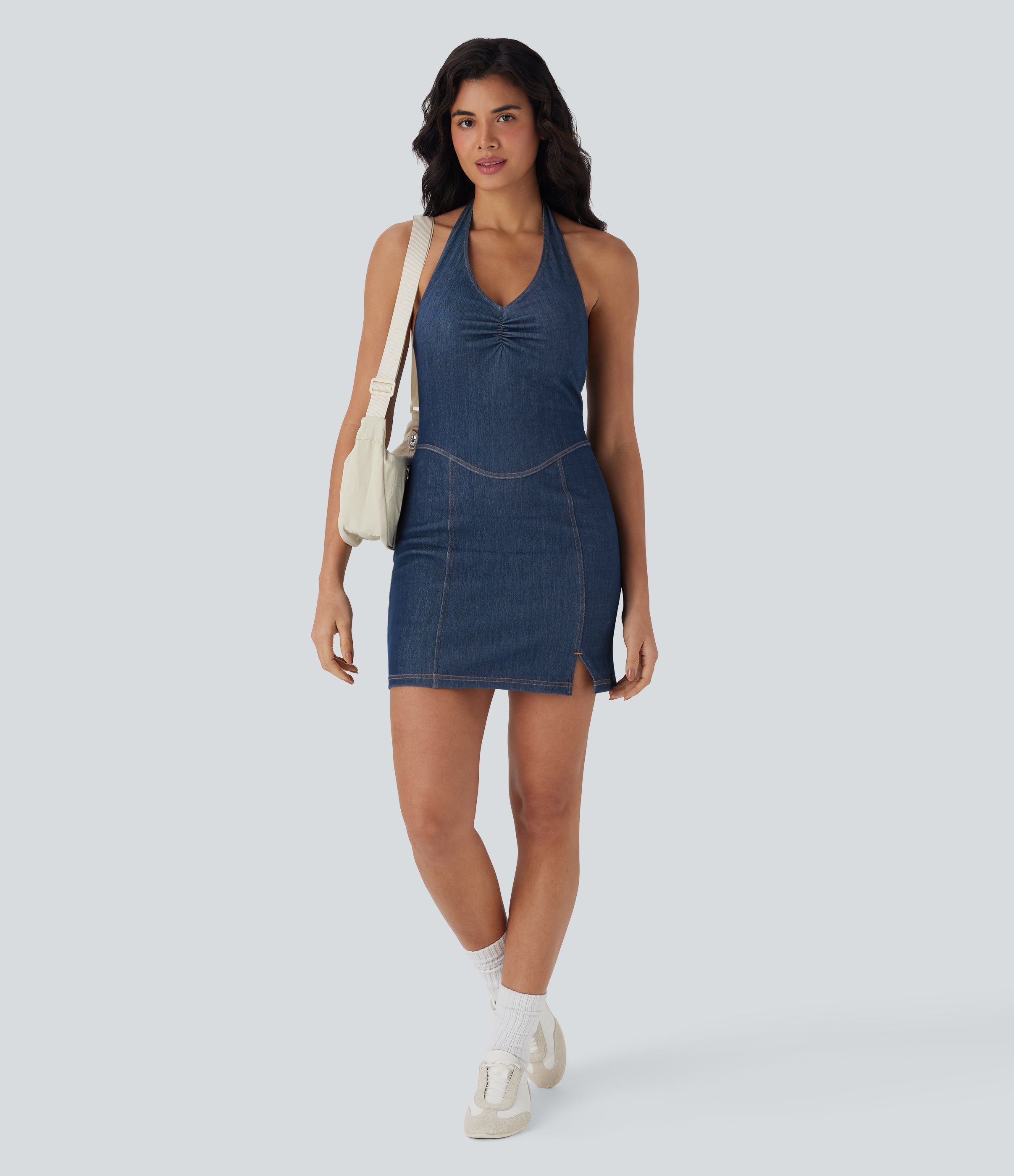 FlexTM Halter Bodycon 2-Piece Cool Touch Washed Denim Mini Tennis Active Dress with Pockets