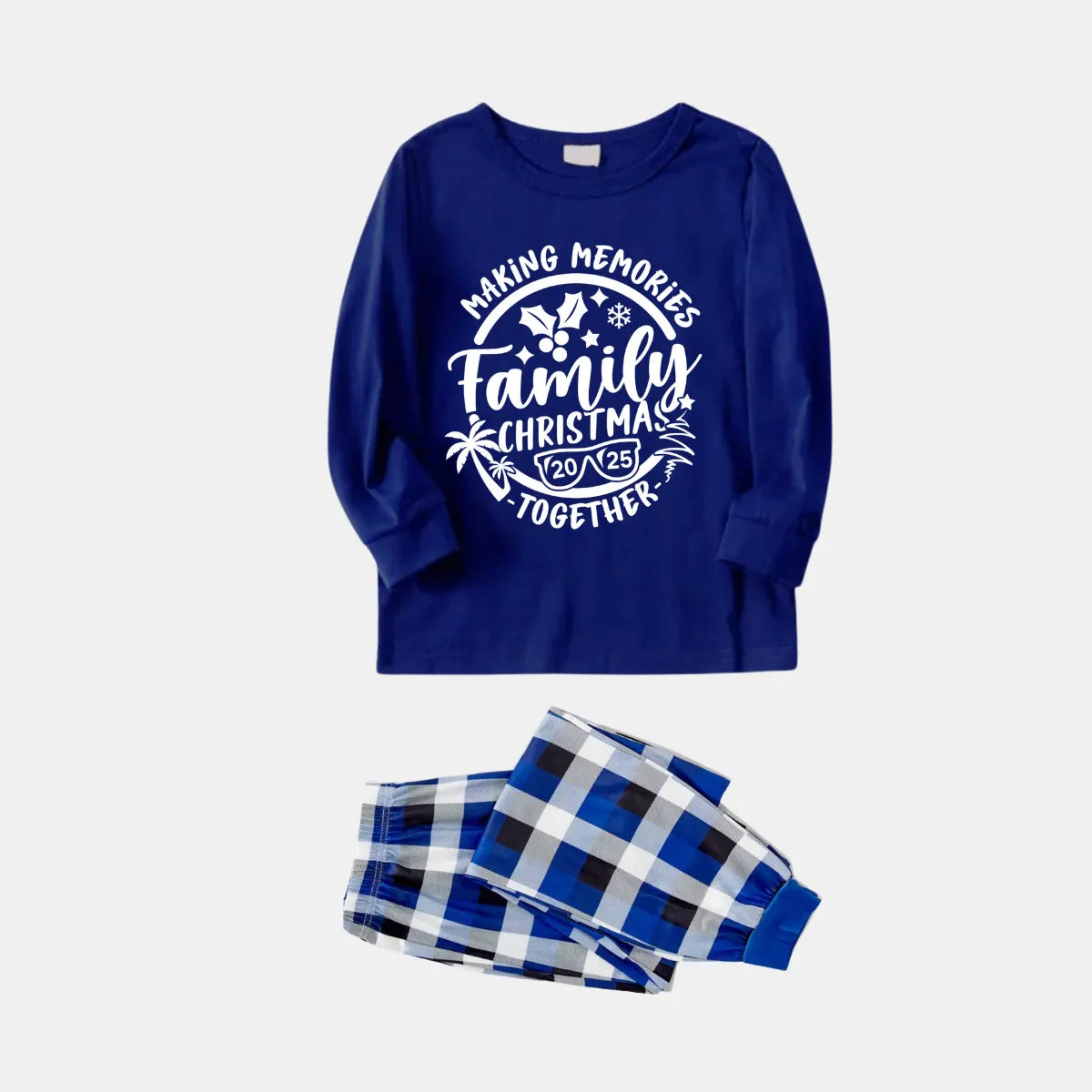 Christmas Make Memories Together 2025 Print Blue and White Plaid Family Matching Pajamas