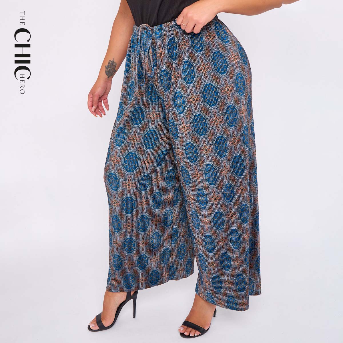 Blue Geometric Patterns Abstract Print Wide-Leg Drawstring Pants Palazzo Pleated Pants