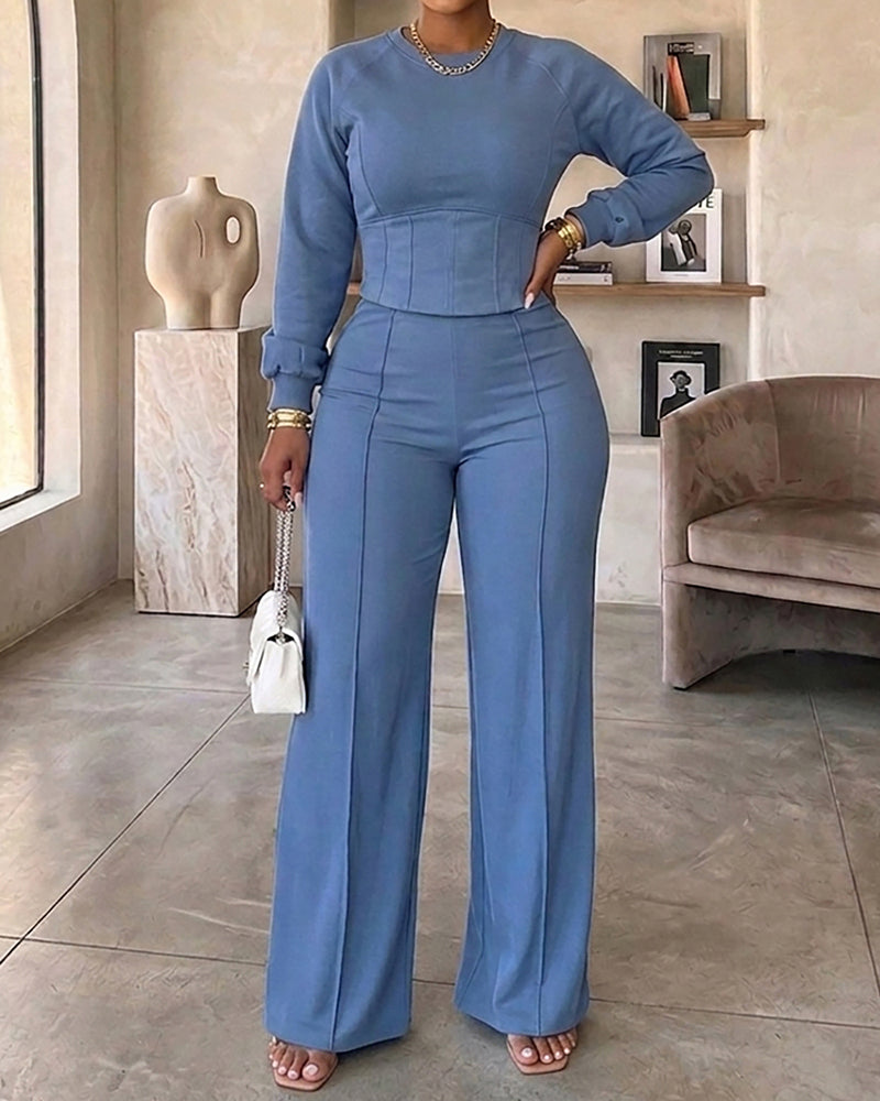 2 Pieces Outfit O-neck Long Sleeve Cinched Waist Sweatshirt and Elastic Waist Wide Leg Pants Set Casual Seam Design Sweatpants Set