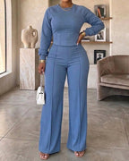 2 Pieces Outfit O-neck Long Sleeve Cinched Waist Sweatshirt and Elastic Waist Wide Leg Pants Set Casual Seam Design Sweatpants Set