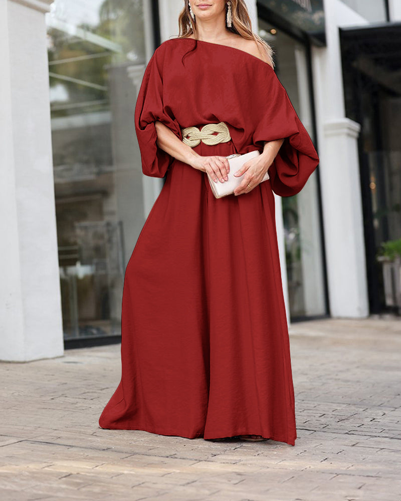 2 Pieces Outfit Turn-down Coll  Long Sleeve Button Front Satin  Shirt and Casual Vintage Floral  Print Elastic Back Waist Wide Leg  Pants Set without Belt