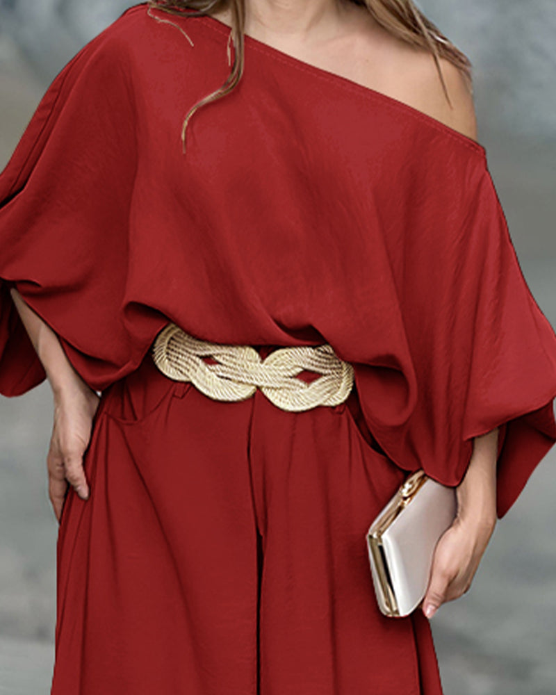 2 Pieces Outfit Turn-down Coll  Long Sleeve Button Front Satin  Shirt and Casual Vintage Floral  Print Elastic Back Waist Wide Leg  Pants Set without Belt