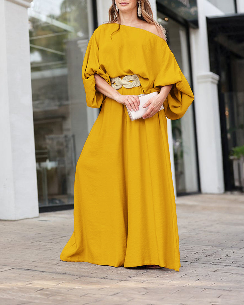 2 Pieces Outfit Turn-down Coll  Long Sleeve Button Front Satin  Shirt and Casual Vintage Floral  Print Elastic Back Waist Wide Leg  Pants Set without Belt
