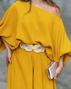 2 Pieces Outfit Turn-down Coll  Long Sleeve Button Front Satin  Shirt and Casual Vintage Floral  Print Elastic Back Waist Wide Leg  Pants Set without Belt