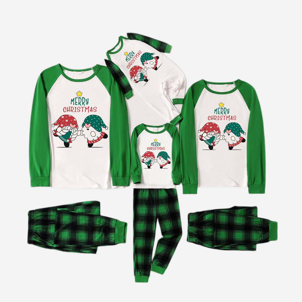 Green Raglan Top Green Plaid Christmas Pajamas Set With Gnome and Merry Christmas Text Print