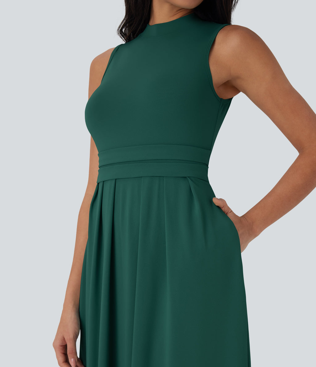 Stand Collar Sleeveless Flare Maxi Casual Dress with Pockets