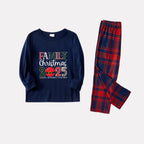 Christmas Family Matching Pajamas-Navy & Red Plaid Pjs Set with "Family Christmas 2025" Artistic Font Print