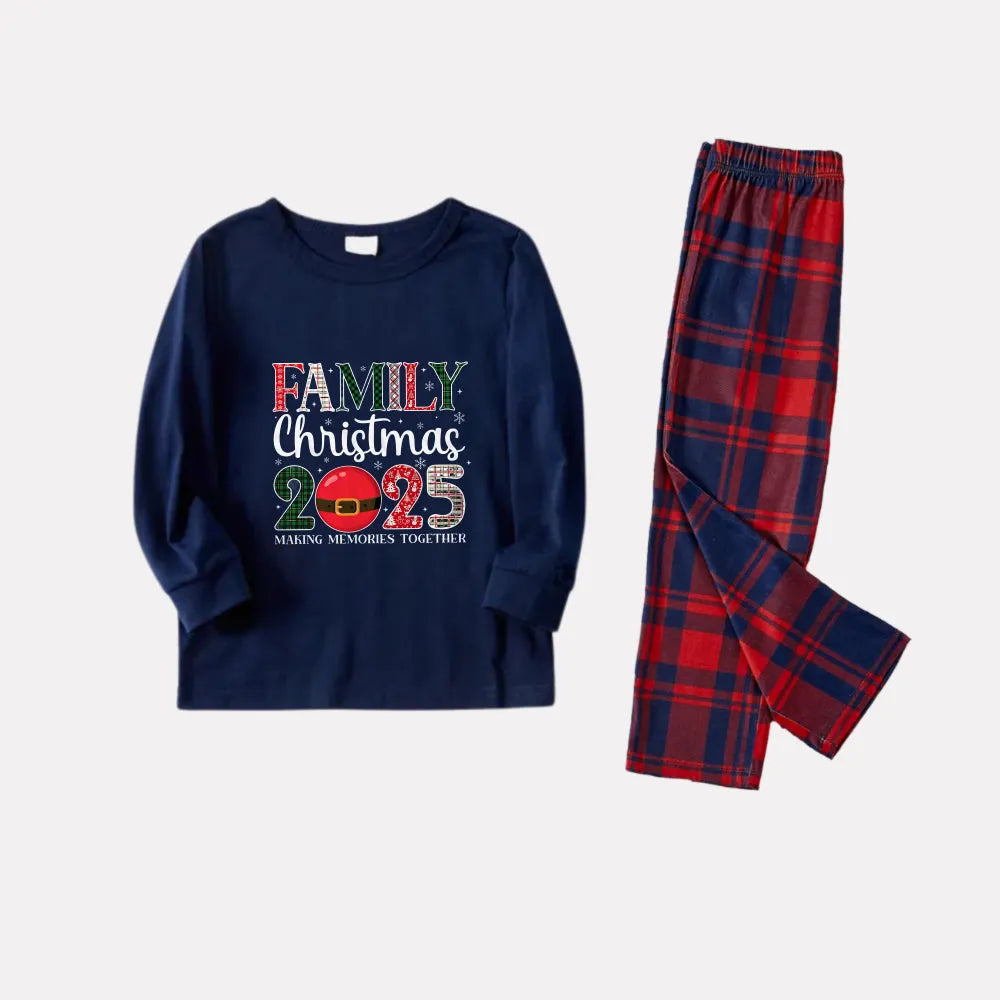 Christmas Family Matching Pajamas-Navy & Red Plaid Pjs Set with "Family Christmas 2025" Artistic Font Print