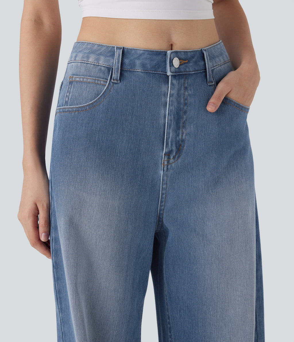 FlexTM Mid Rise Washed Casual Baggy Jeans with Pockets