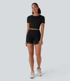 Round Neck Short Sleeve Contrast Mesh Cropped Yoga Sports Top