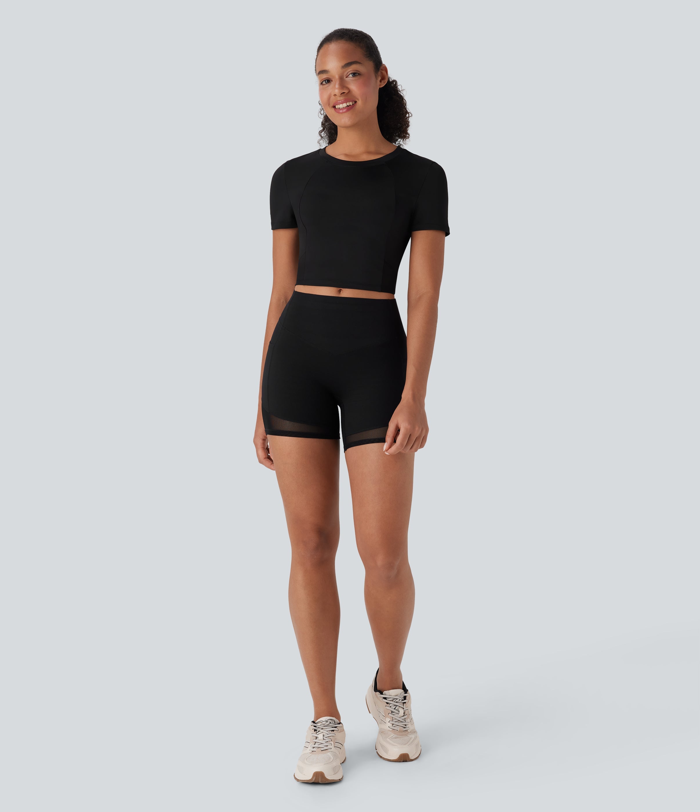 Round Neck Short Sleeve Contrast Mesh Cropped Yoga Sports Top
