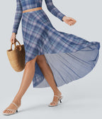 Sheer Mesh High-Waisted High-Low Plaid Maxi Flowy Skirt
