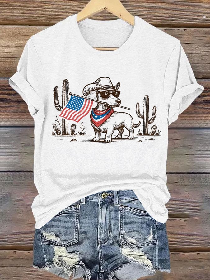 Women's Patriotic Dog Lover Printed Casual T-Shirt