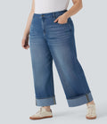Plus Size FlexTM High Waisted Wide Leg Rolled Hem Washed Stretchy Knit Casual Jeans with Pockets