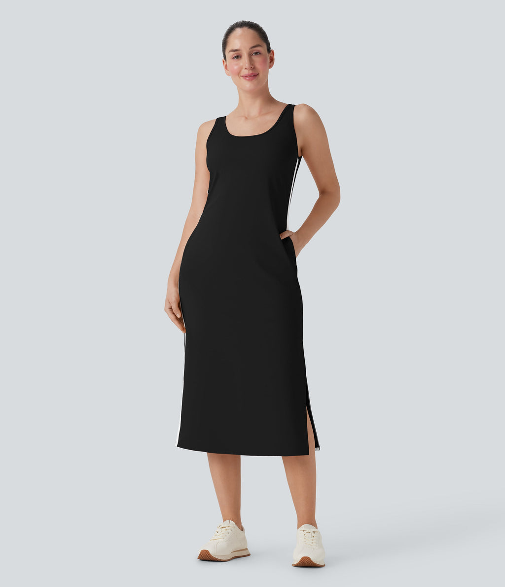 SoftlyZeroTM Airy Color Block Hem Cool Touch Workout Active Tank Dress with Pockets-UPF50+