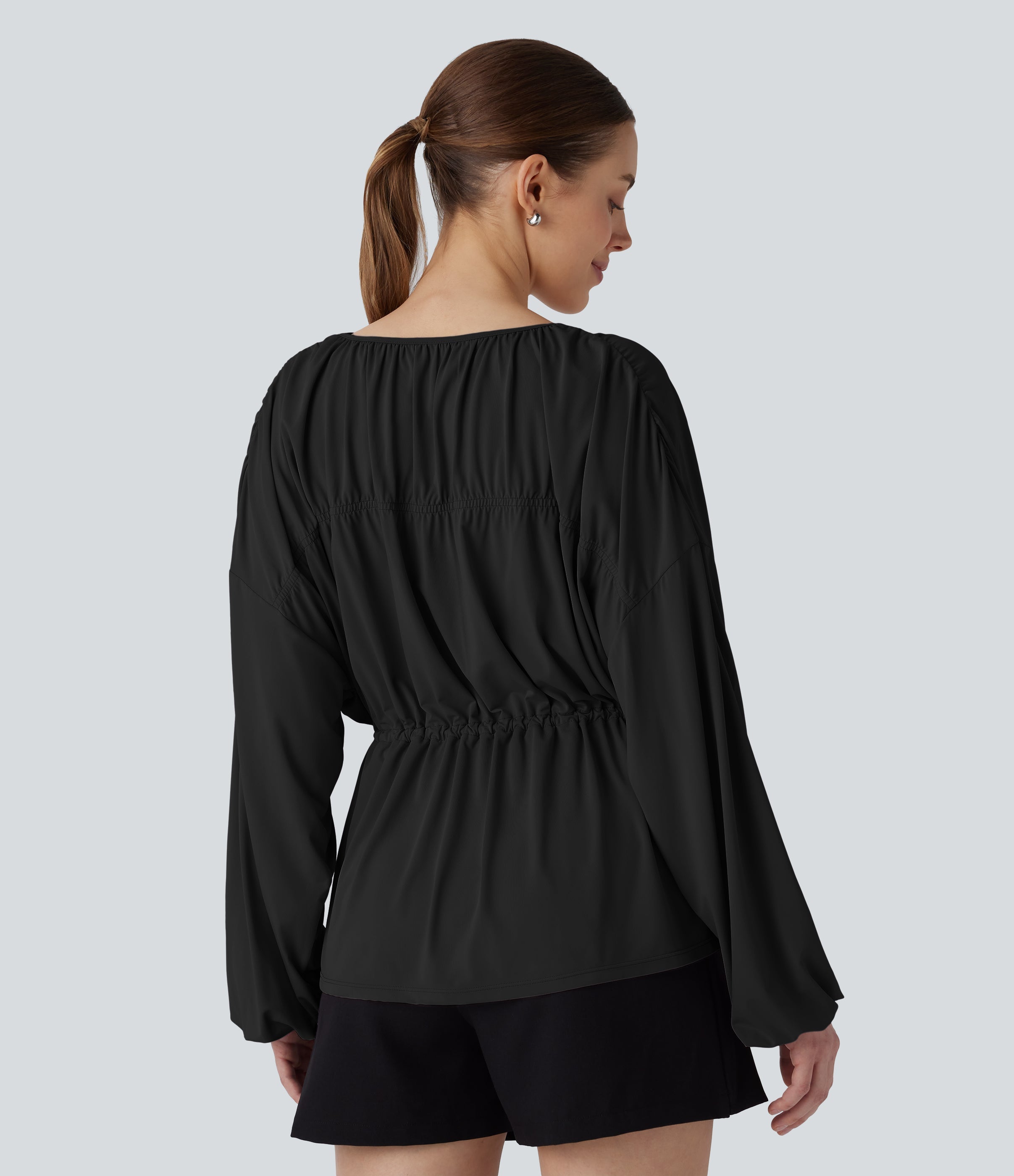 Long Sleeve Lace Up Drawstring Work Blouse