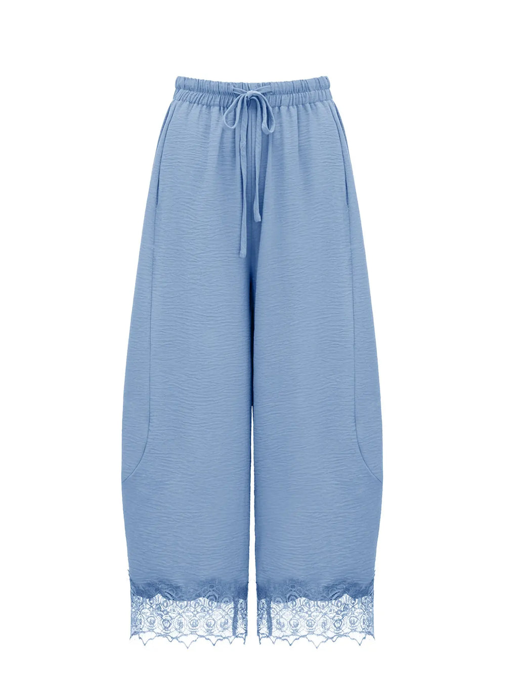 Women's Casual Pocket Elastic Waist Long Pants, Lace Patchwork Bottoms, Asymmetrical Hem, Summer Loose Wide-Leg Pants, Womenswear