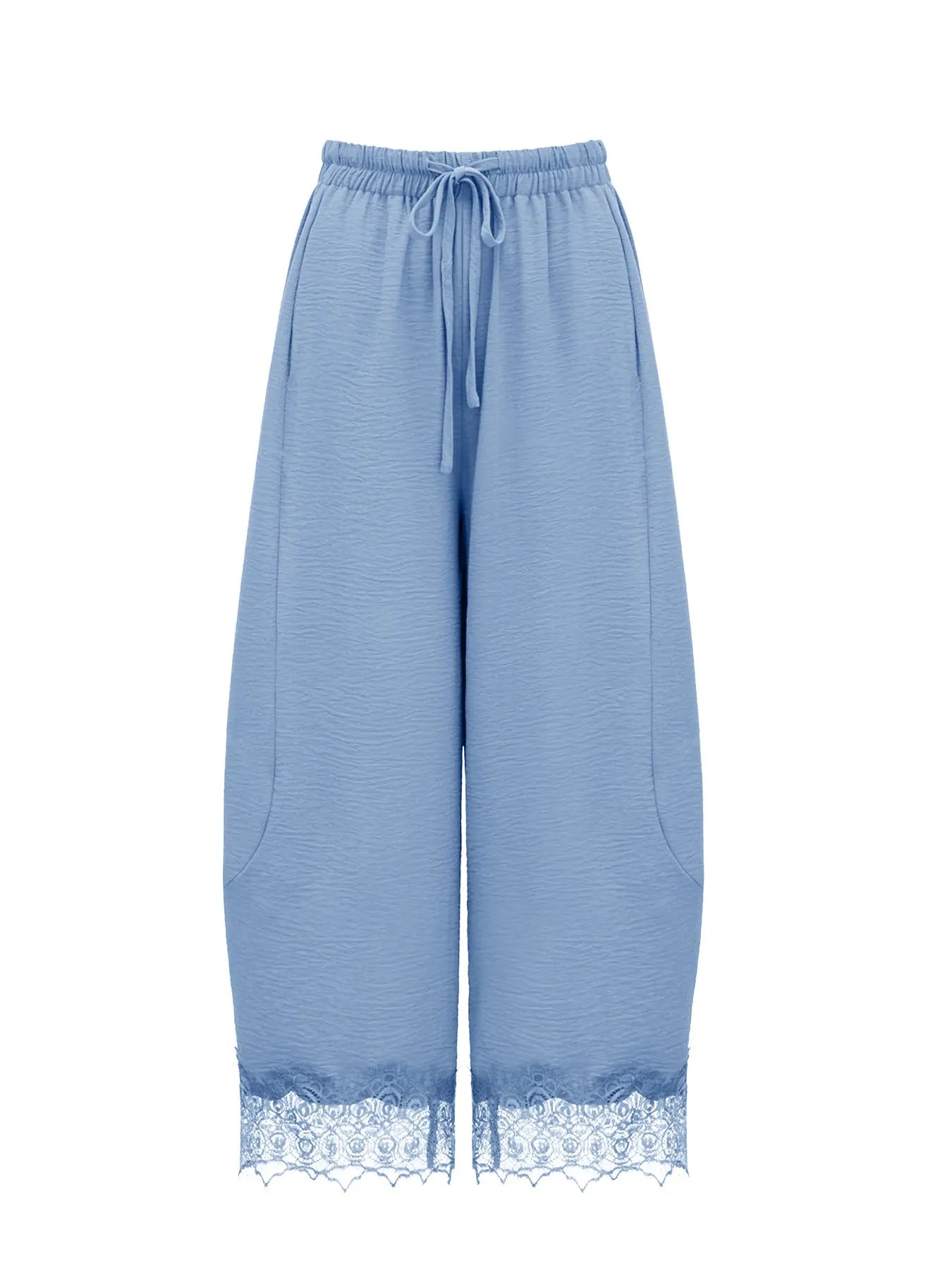 Women's Casual Pocket Elastic Waist Long Pants, Lace Patchwork Bottoms, Asymmetrical Hem, Summer Loose Wide-Leg Pants, Womenswear