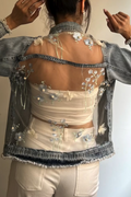 Women Collar Splicing Perspective Flower Casual Denim Jacket