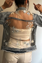 Women Collar Splicing Perspective Flower Casual Denim Jacket