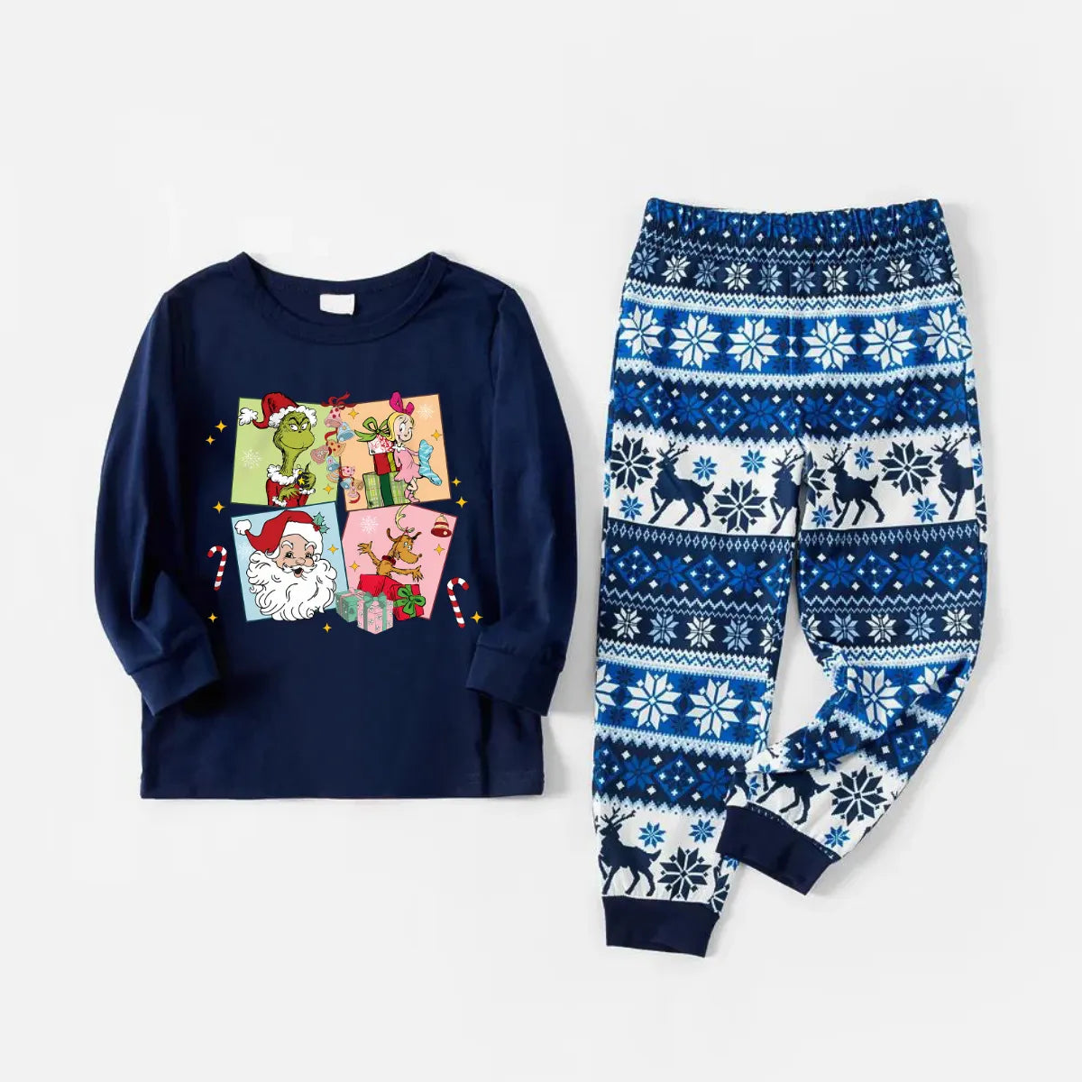 Joyful Blue Christmas Pajamas Set With Christmas Cartoon Pattern Print