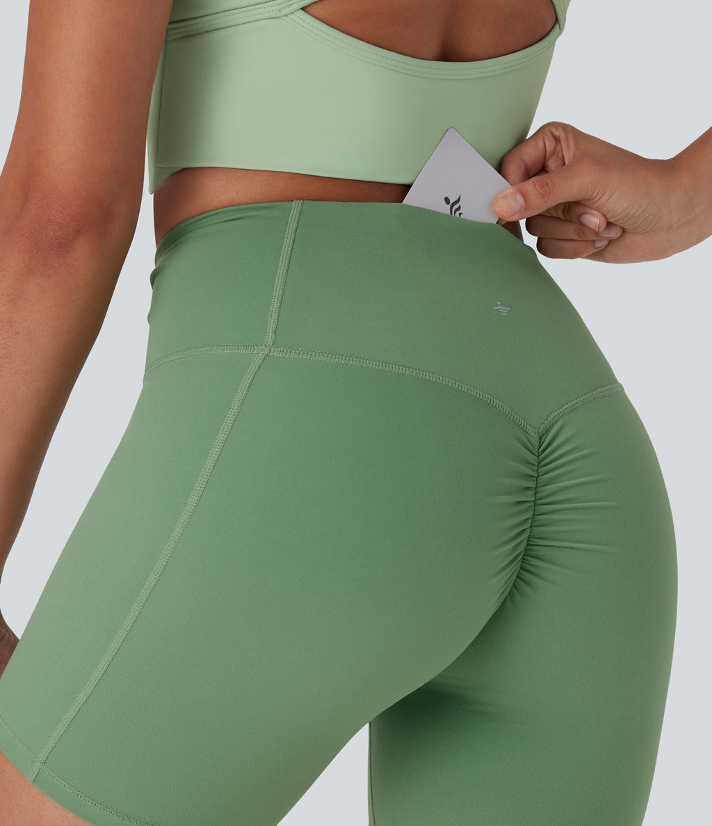 UltraSculptTM High Waisted Drawstring Ruched Yoga Biker Shorts 5'' with Pocket